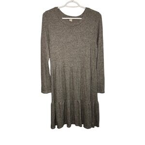 Lazy Sundays Ribbed Tiered Long Sleeve Dress Gray Womens Medium Cozy Neutral‎